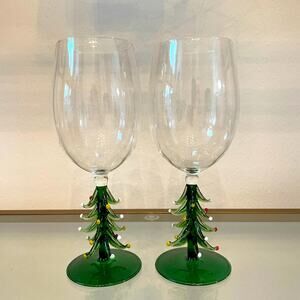 Set of 2 Crystal Christmas Tree Stem Wine Glass Goblets 10oz Green Holiday  New